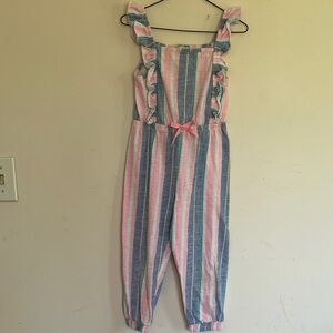 btween Pink, Blue & White Striped Ruffle Jumpsuit 5T
